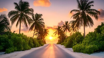 Maldives Sunset Tropical Road Palm Trees Ocean Beach Scene