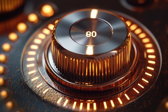 Close-up of a metallic rotary dial set to 80 with glowing orange illuminated indicators on a dark textured surface