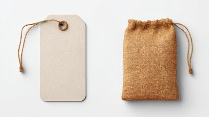 Beige tag with string & small brown bag, both lying flat on a white surface, casting soft shadows. Clean, minimalist design
