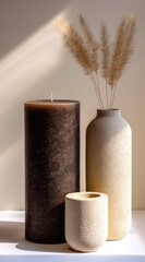 Still life featuring a tall brown pillar candle, a textured vase with dried plants, and a small beige cup against a creamy background with soft shadows
