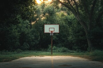Solitary basketball hoop standing at the end of a deserted outdoor court surrounded by dense green trees with sunlight filtering through the foliage