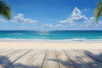 Fototapeta premium Peaceful tropical beach scene with turquoise ocean, white sandy shore, blue sky with fluffy clouds, wooden deck in foreground and palm tree shadows