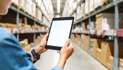 Warehouse Inventory Tracking Scene with Person Scanning Stock via Tablet Among Organized Shelves and Clear Space for Custom Text or Branding