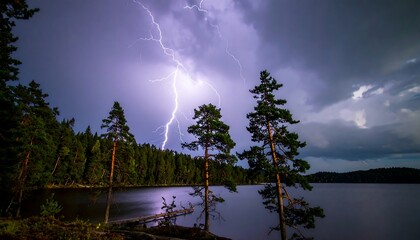 Nighttime landscape of a lake and forest with a dramatic lightning strike