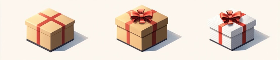 Obraz premium Three gift boxes with red ribbons and bows casting shadows on a light background, showcasing festive packaging in various neutral tones with a celebratory mood