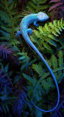 A surreal blue lizard with a long tail lies on bright green and purple ferns under a soft, blue light. Ethereal and dreamy