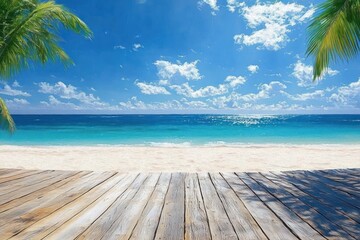 Peaceful tropical beach scene with wooden deck, turquoise ocean waters, clear sky with scattered clouds, and palm tree leaves casting shadows