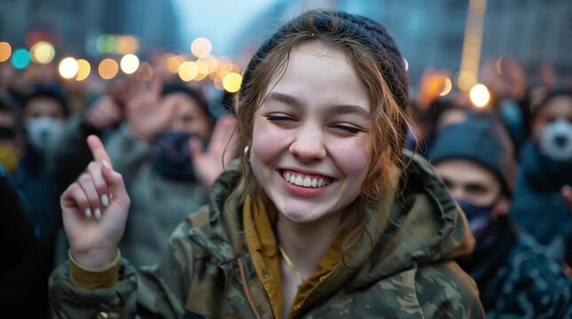 Joyful activist woman marks women’s rights achievement with celebration in colorful market scene