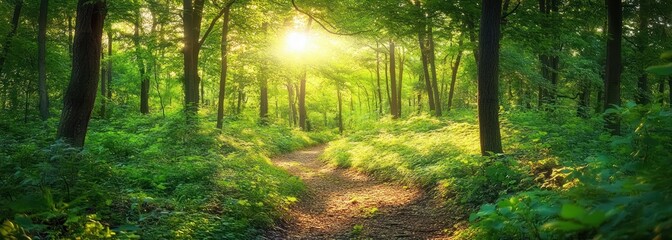 Obraz premium Sunlight filtering through dense green trees over a winding forest path surrounded by vibrant foliage and peaceful nature scenery