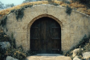 Fototapeta premium Ancient stone structure with large arched wooden double doors surrounded by overgrown plants and grass on a sunny day