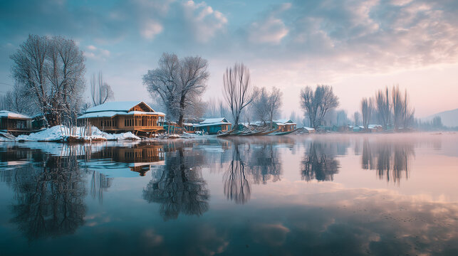 Chillai Kalan Kashmir Snow Covered Houses Reflected in Lake at Sunset Winter Wonderland Scenic Travel Photography
