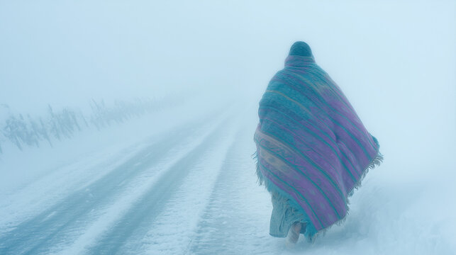 Chillai Kalan Kashmir Person Walking Alone Wrapped in Blanket on Snowy Road Winter Cold Season Foggy Landscape