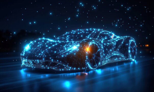 Futuristic glowing digital car composed of blue light connections on dark background emitting bright light and motion effect