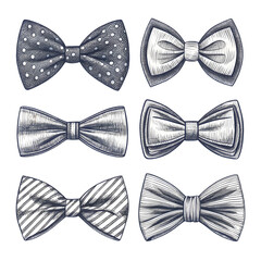 Six Hand-Drawn Bow Tie Designs: Elegant Illustrations for Fashion & Design Projects on transparent background