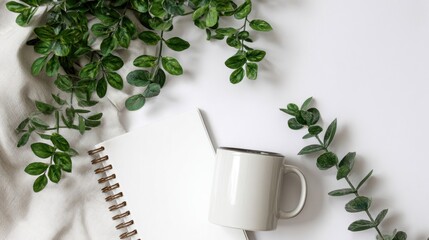 Serene flat lay with an open blank notebook, soft draped fabric, a mug, and green foliage on a clean, white background suggesting relaxation and creativity