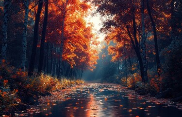 A serene forest path in autumn with bright orange leaves on trees and scattered on a calm river, illuminated by soft sunlight breaking through the foliage
