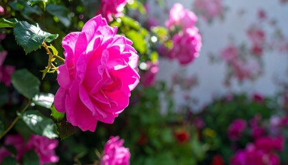 Vibrant pink roses blooming in a lush garden setting