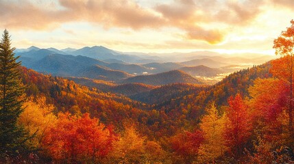 Fototapeta premium Colorful autumn forest with vibrant red, orange, and yellow leaves covering rolling hills under a bright sunrise sky in the mountains