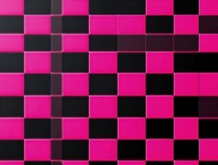 Wall covered with shiny pink and black alternating square tiles creating a vibrant checkerboard pattern