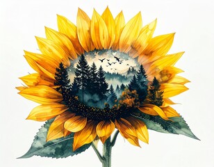 Single Sunflower Double Exposure Forest Drawing