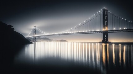 Obraz premium Illuminated suspension bridge spanning calm water at night with soft glowing lights and reflections creating serene atmosphere