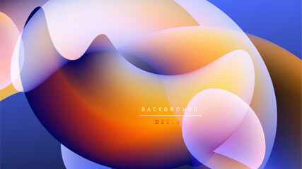 Abstract fluid shapes blend, creating vibrant color gradients. Orange, blue, white hues dominate dark background. Modern design element.