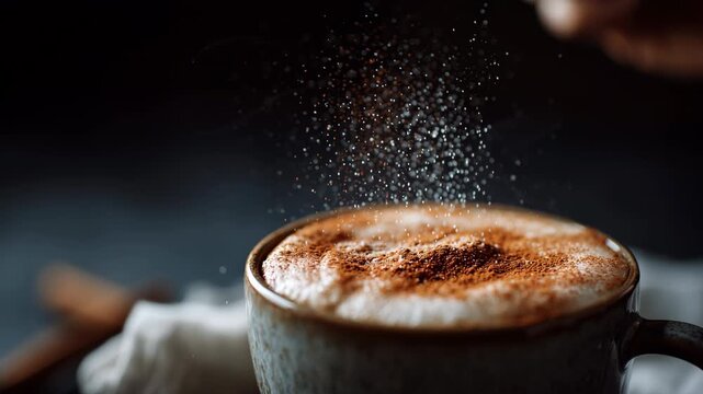 Foamy cappuccino coffee with cinnamon and sugar sprinkled ceramic cup, frothy milk, hot beverage, cozy morning closeup, aromatic sweet drink, inviting comforting mood, delicious breakfast caffeine
