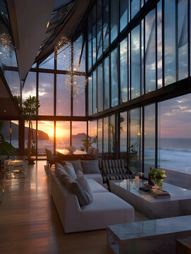 Fototapeta Living Room with Ocean View at Sunset