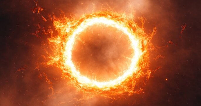 Bright fiery ring of intense flames and glowing embers in dark smoky background creating a powerful burning energy effect - Powered by Adobe