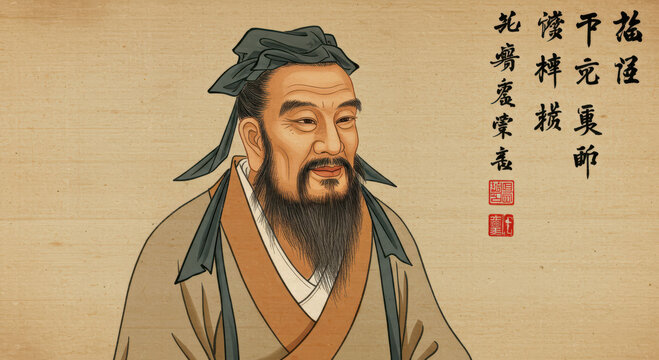 Portrait of Confucius (Kong Fuzi), Ancient Chinese Philosopher, Educator, and Founder of Confucianism, with Traditional Calligraphy.