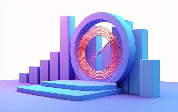 Abstract 3D illustration of a bar graph with ascending columns and a circular gauge in the center featuring an upward arrow, all in purple and blue tones suggesting growth and progress