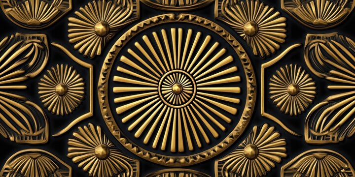 Intricate gold ornamental wall decoration with radial and floral patterns on a dark background featuring circular and leaf-shaped motifs