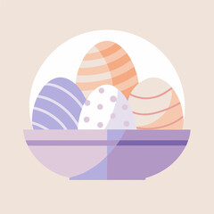 “Pastel Easter Eggs in Bowl with Floating Decorative Eggs on Pink Background”