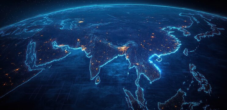 Digital glowing neon map of South and Southeast Asia at night showing illuminated cities and geographical borders with a futuristic high-tech appearance