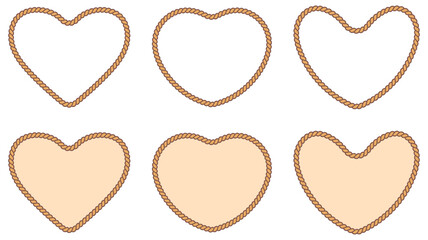 Collection of rope heart frames and filled shapes, decorative elements for romantic, nautical, and vintage design projects.