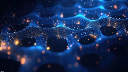 Abstract digital network with glowing blue mesh and orange particle lights floating in a dark space creating a futuristic and dynamic atmosphere