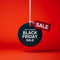 Black friday sale tag hanging with a red sale tag on a vibrant red background, end of season promotion