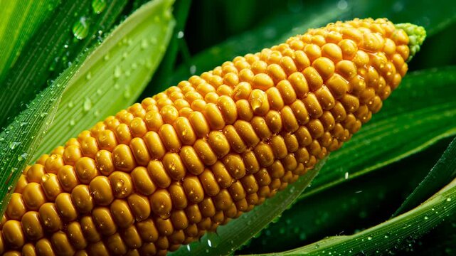 Fresh corn yellow kernel green husk water drop closeup organic healthy vegetable agriculture summer natural vibrant farm harvest food nutrition macro ripe juicy plant outdoor freshness sweet rural