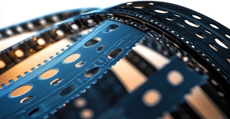 Naklejka premium Close-up view of tangled blue and black filmstrip reels with perforations under soft light creating a nostalgic and artistic effect