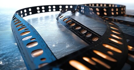 Close-up of a black perforated film strip laid on a reflective surface with warm light shining through the holes, creating a nostalgic and cinematic atmosphere