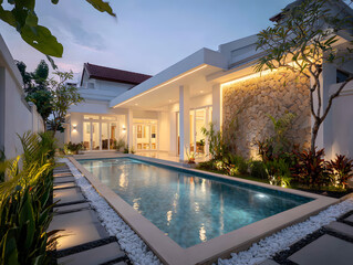 Fototapeta premium Swimming Pool at Modern Home at Dusk