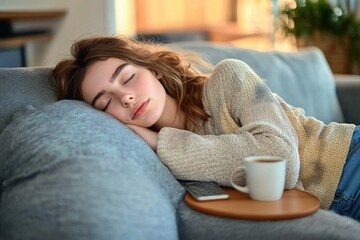 Young woman peacefully sleeping on a grey couch with a cup of coffee and smartphone nearby in a cozy home setting