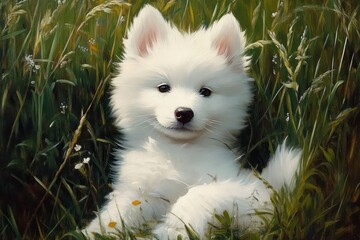 fluffy white puppy lying peacefully in tall green grass with small white and yellow flowers on a sunny day