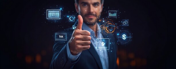 Confident businessman in suit showing thumbs up with digital financial icons and holograms representing money and tax concepts around him in dark background