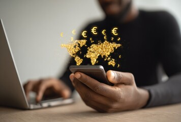A person interacts with a smartphone overlaid with a golden world map and Euro symbols, suggesting global finance with a laptop in the background