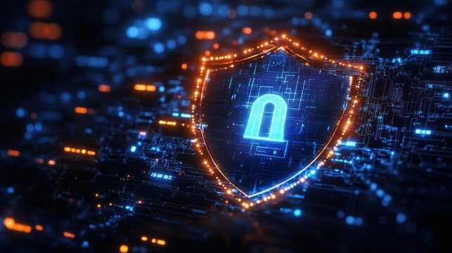 Digital glowing shield with an unlocked padlock symbol representing cybersecurity vulnerability on a digital circuit background with blue and orange light accents