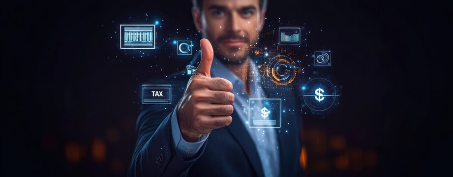 Confident businessman in suit showing thumbs up with digital financial icons and holograms representing money and tax concepts around him in dark background