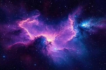 Obraz premium Vibrant purple and blue cosmic nebula with glowing gas clouds and scattered stars creating a mystical and expansive space scene