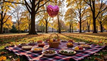 A wide angle autumn park picnic scene where plaid blanket is spread beneath golden leaf trees