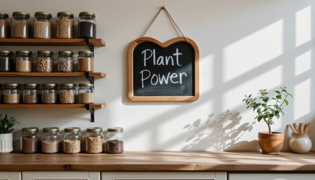 A cozy minimalist kitchen interior with shelves lined by glass jars of beans, lentils, and seeds